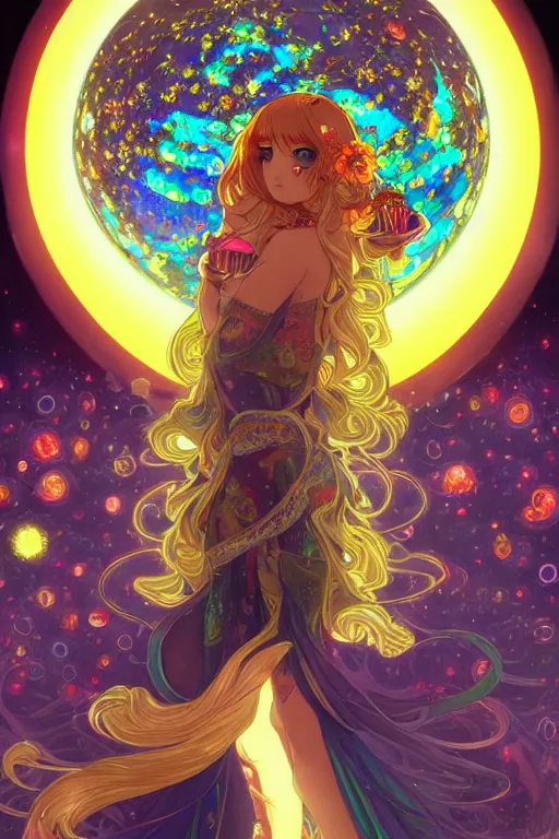 Prompt: psychedelic, intricate, highly detailed, anime, 4k, beautiful seductive slime girl holding a huge orb containing the universe, with professional makeup, long trippy hair, surrounded by gems, underneath the stars, trending on patreon, deviantart, twitter, artstation, volumetric lighting, heavy contrast, by artgerm and Ilya Kuvshinov and alphonse mucha, interstellar galaxy