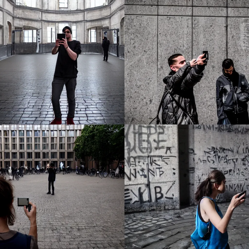 Prompt: a person taking a selfie in the Berghain Berlin
