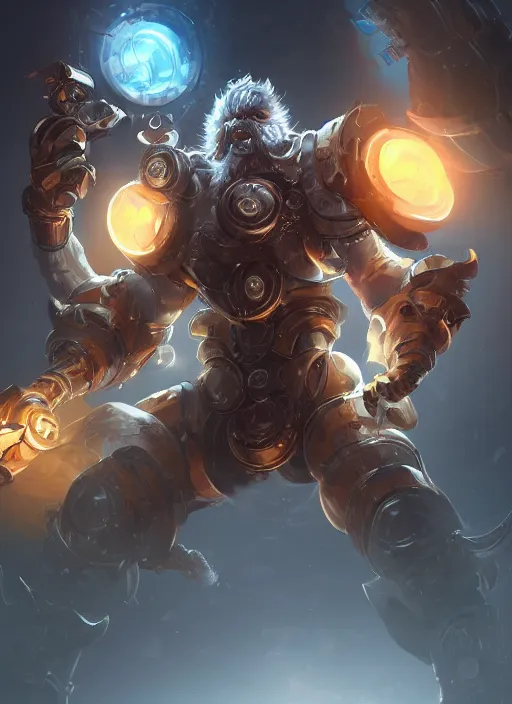 Image similar to a highly detailed illustration of silver gear mechanical giant, with big glowing cute eyes, gentle calm sitting pose, intricate, elegant, highly detailed, centered, digital painting, artstation, concept art, smooth, sharp focus, league of legends concept art, WLOP