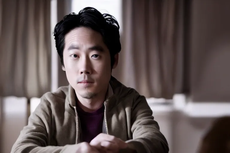 Image similar to cinematic still of Steven Yeun from charlie and chocolate factory (2005), XF IQ4, f/1.4, ISO 200, 1/160s, 8K, RAW, dramatic lighting, symmetrical balance, in-frame