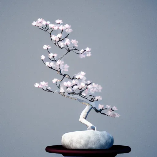 Prompt: japanese origami of a cute bonsai cherry blossom everything in white, octane render, hyper detailed, wabi-sabi