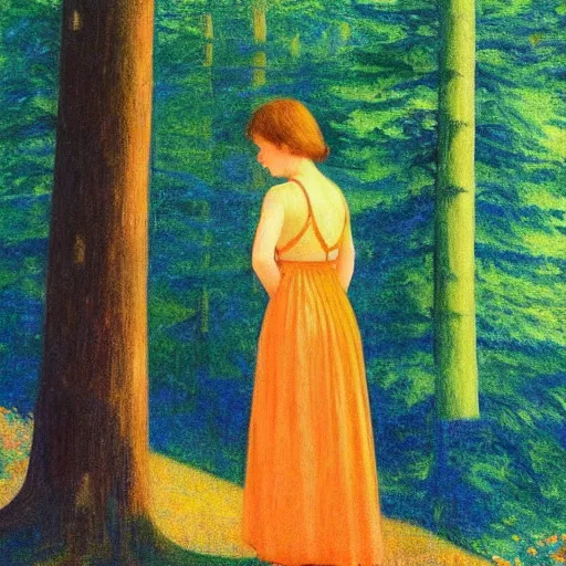 Prompt: a young girl lost in a blue golden forest, film still by edward hopper, by Bosch, by klimt, art noveau, highly detailed, strong lights, liminal, eerie, Bright pastel colors