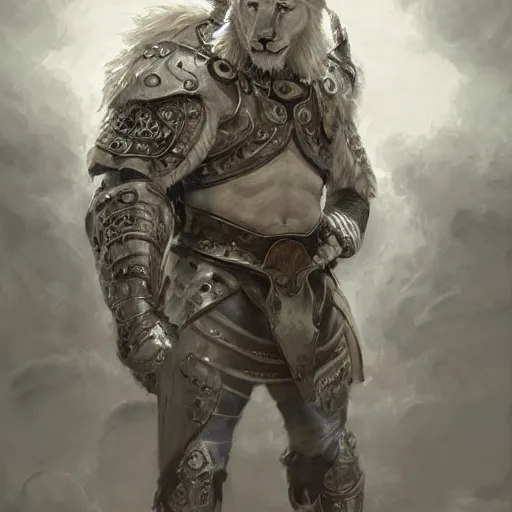 Image similar to anthropomorphic male muscular albino white lion, wearing beautiful vikings armor, darkness aura red light, fantasy, dark, black and white high contrast portrait art by donato giancola and greg rutkowski, realistic face, digital art, trending on artstation, symmetry