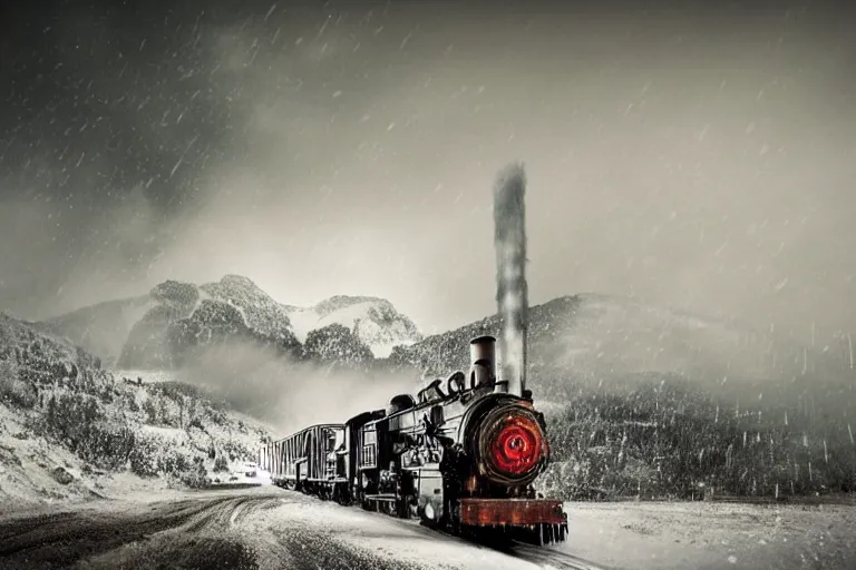 Image similar to an old steam engine is rushing through the snow storm in high speed, white steam on the side, and dark smoke with fire from the pipes, dynamic angled shot, low angle, wide shot, speed lines, fire particles and snowflakes everywhere, 8k, hyperrealistic, ultra sharp, octane render, unreal engine, light breaks through the sky, epic mountains in the background, artstation, very detailed, 16k, cinematic scenery,