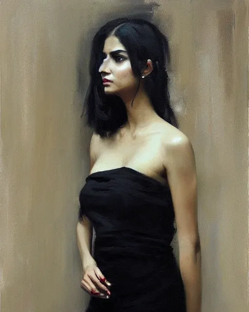 Image similar to beautiful portrait painting an gorgeous delhi girl wearing a little black dress, oil painting, art by ruan jia