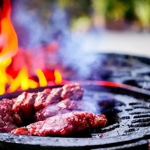 Image similar to bbq party inside of an active volcano, meat, lava, party, at golden hour, bokeh, 3 2 megapixel