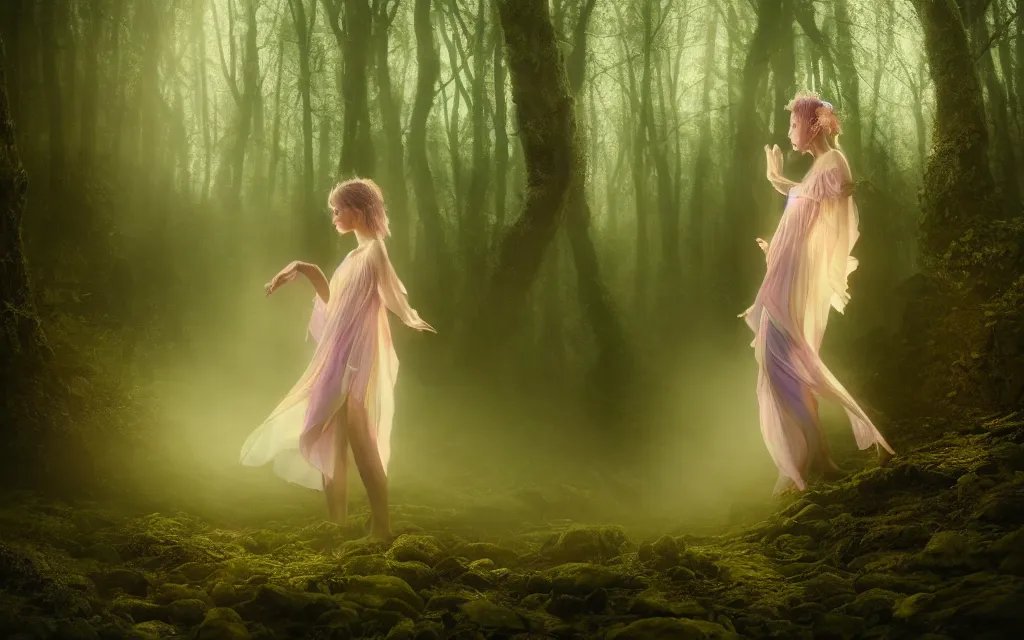 Image similar to a beautiful faery wearing petals made of chiffon folds, beautiful face, silk luminescent, iridescent, pearlescent, glint, rays, spring season, in a dense forest, twilight light, film grain, cinematic, wild flowers, clear river running trough the woods, mist, dreamy, 8 k, octane rendering