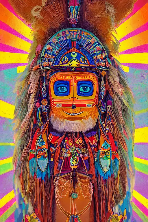 Prompt: A psychedelic painting of a Hopi kachina doll, symmetrical features, cinematic lighting, soft bokeh, fantasy, modern, colourful, highly detailed, digital painting, artstation, deviantart, concept art, sharp focus, illustration, by alphonse mucha