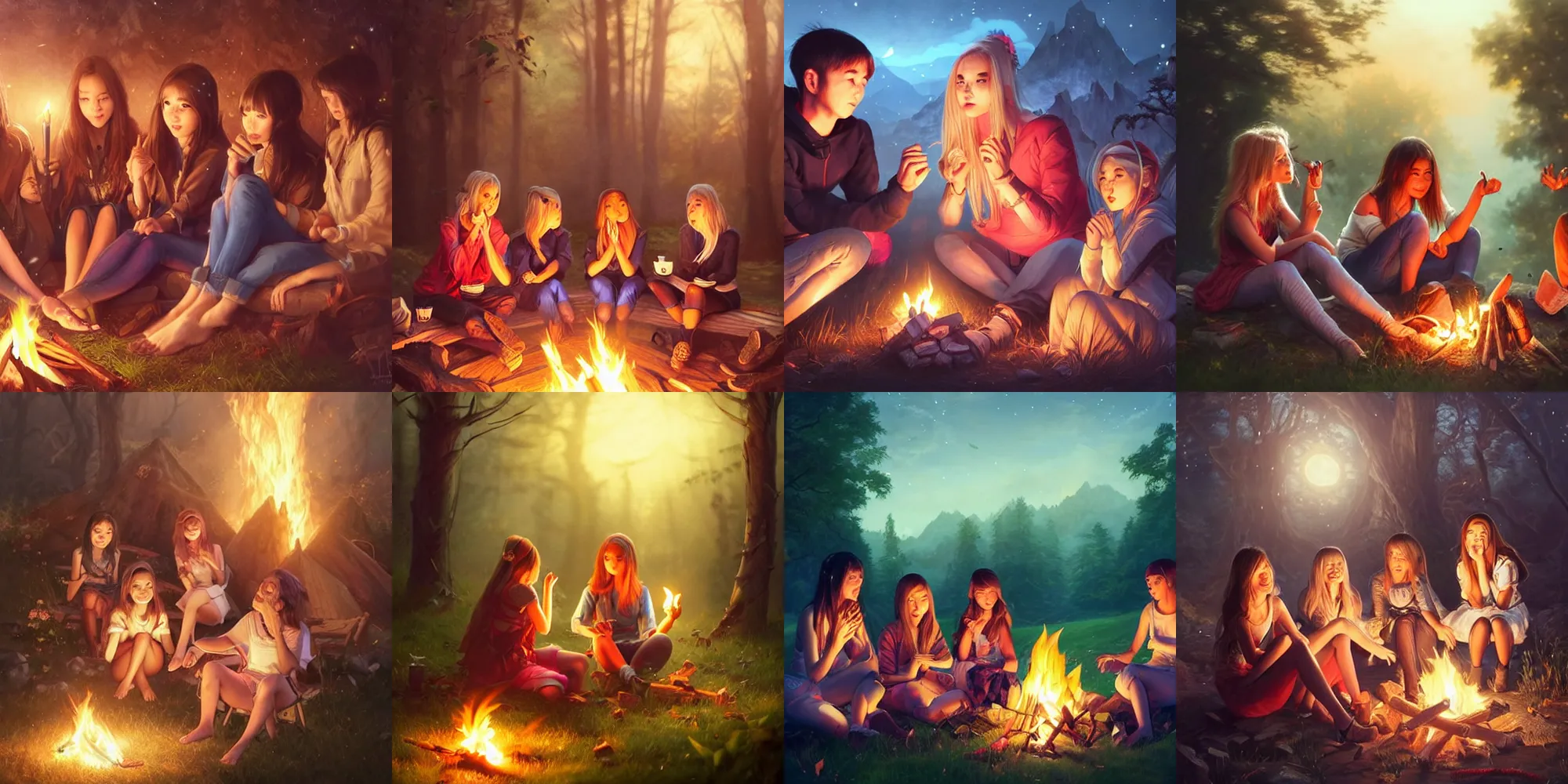 Prompt: very beautiful cute girls sitting around campfire at night, extremely detailed eyes, fantastic details full faces, trending on artstation, pixiv, hyperdetailed Unreal Engine 4k 8k ultra HD, Stanley Artgerm Lau, WLOP, Rossdraws, James Jean Marc Simonetti Ruan Jia and Mandy Jurgens and Artgerm and William-Adolphe Bouguerea Sakimichan, yuru camp, illustration, digital art, concept art, manga cover