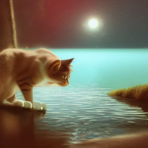 Image similar to cat at a lake staring at fish in clear water at night, hyperdetailed, artstation, cgsociety, 8k