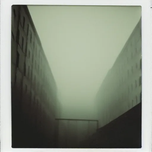 Prompt: a towering concrete wall thay reaches into the sky with small street lamps in front of it, foggy, night, dark, old polaroid, expired film, megalophobia,