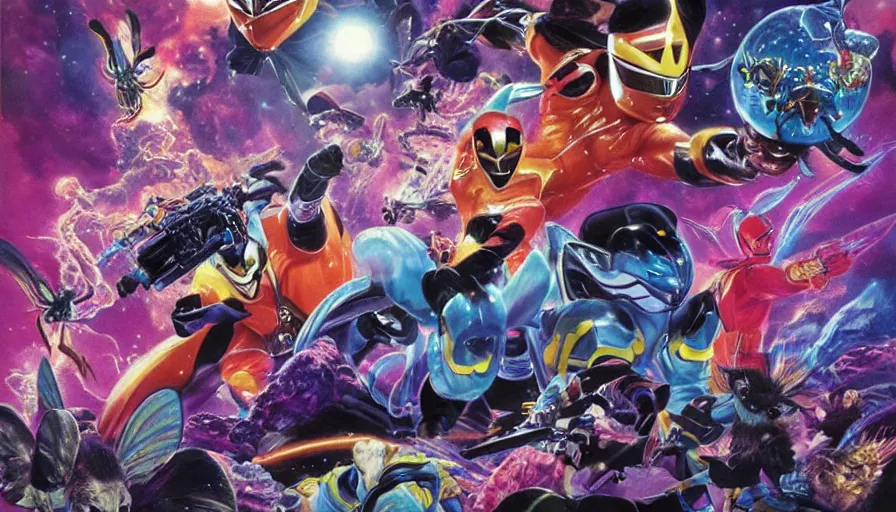 Image similar to stephen Hawkins as power ranger fighting gremlins vs mothra art by Noriyoshi Ohrai and Lisa Frank