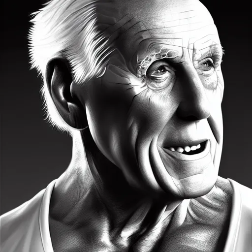 Image similar to Bruce forsythe with the physique of a body builder, hyper realistic, ultra detailed, cinematic, dynamic lighting, photorealistic, refined, intricate, digital art, digital painting, masterpiece, 8k