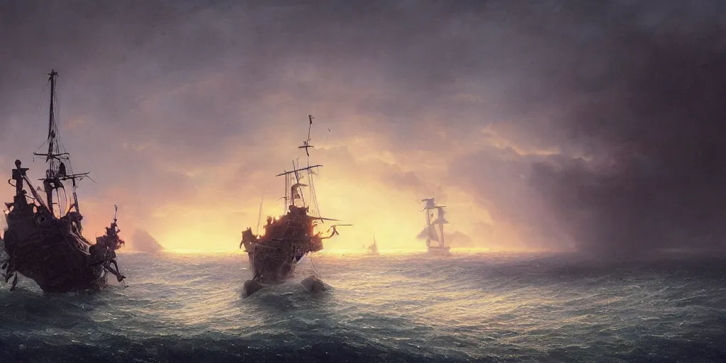 Image similar to two pirates facing each other in death duel!, foggy, gunpowder smoke, dramatic, bloody scene, sunset background, ship on the horizon, portrait 4 / 3, high detail, greg rutkowski, james gurney, gene wolfe, gustave dore, jesper ejsing, rhads, makoto shinkai, ilya kuvshinov