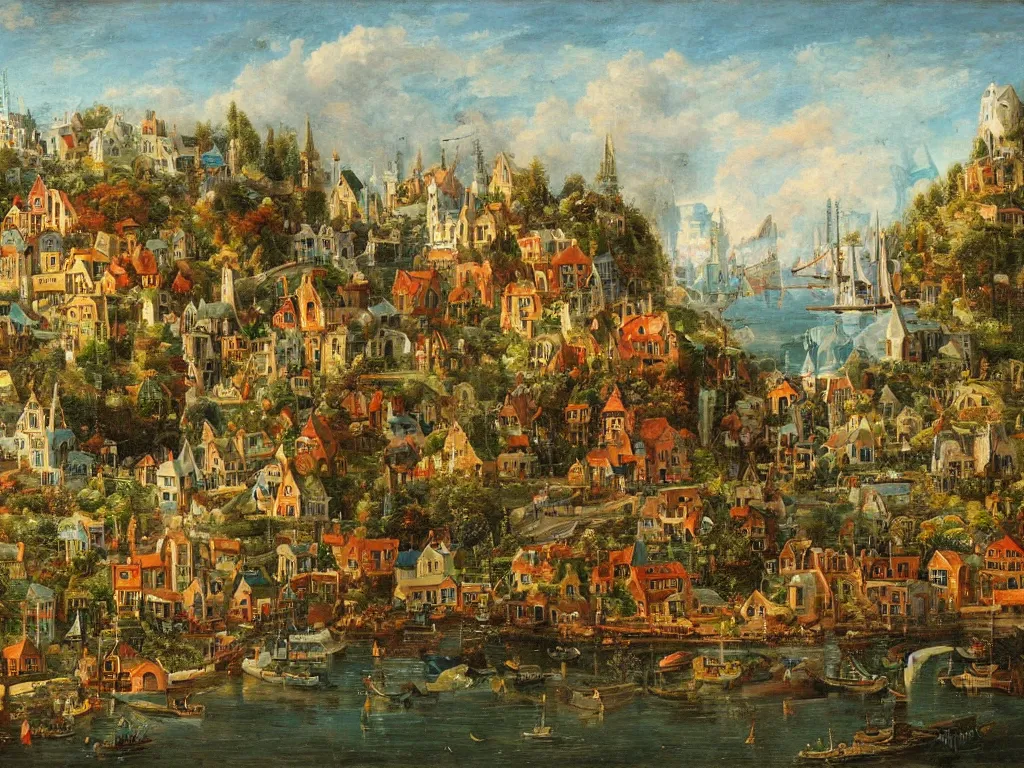 Prompt: an old small enchanted fantasy town, viewed from the harbor, by jean - baptist monge,