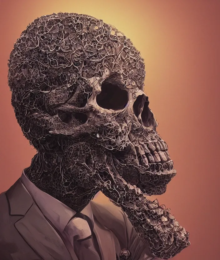 Image similar to portrait of a skull in a suit. intricate abstract. intricate artwork. nightmare fuel. by Tooth Wu, wlop, beeple, dan mumford. octane render, trending on artstation, greg rutkowski very coherent symmetrical artwork. cinematic, hyper realism, high detail, octane render, 8k, iridescent accents