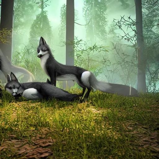 Image similar to second life in game screenshot of black foxes cuddling next to each other in a beautiful fantasy forest lit with fireflies, 3 d render, octane engine, unreal engine 4, 4 k screenshot