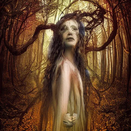 Prompt: portrait of a dryad in a forest of autumn maples by brian froud and jessica rossier dark mysterious, filtered evening light