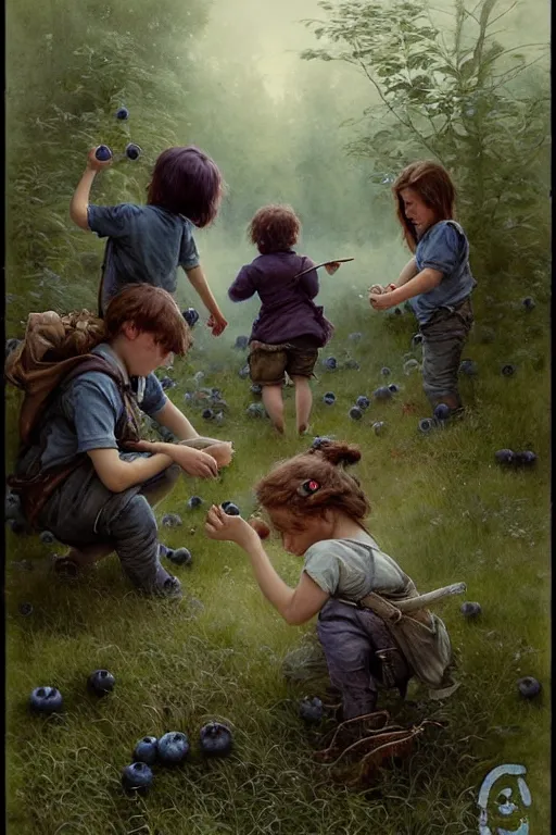 Prompt: kids picking huge blueberries | esoteric symbolism | jean - baptiste monge, esao andrews, bastien lecouffe - deharme, tim jacobus, ken currie | ultra - detailed realism, soft cinematic lighting, hi - fructose, artstation, high - quality, ink watercolors wes anderson poster art