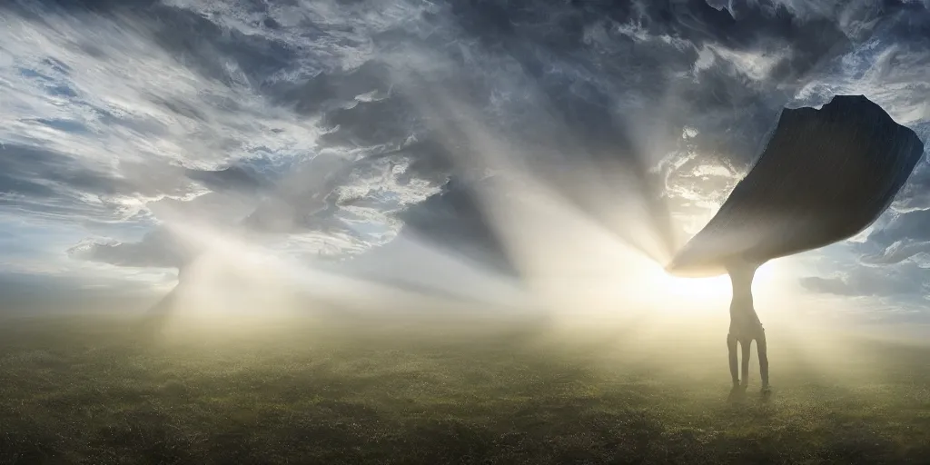 Image similar to Hyper-detailed photo-realistic Illusion reflections of A Beautiful alien organic mega-structure emerging from crepuscular rays by erik johansson, studio lit, volumetric, 8k