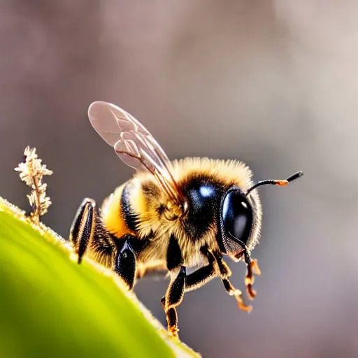 Image similar to a bee trying to reach a huge snowflake, beautiful macro photography, ambient light