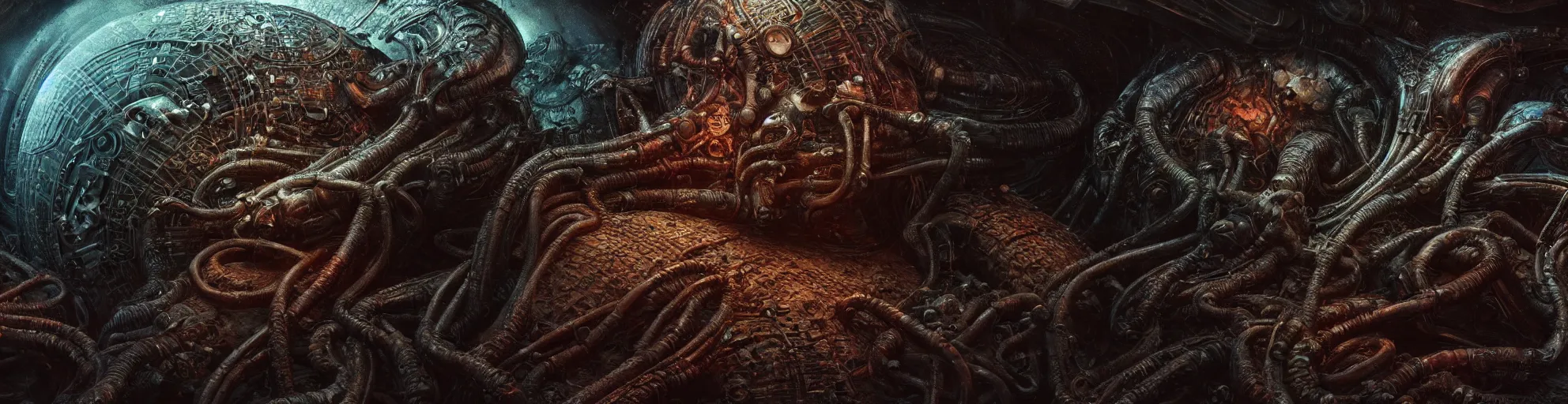 Image similar to Prometheus hibernation capsule biological sci-fi environment set close-up, hibernation capsule close-up, in a nightmarish universe of odd forms and somber tapestry, HR Giger and Vincent Di Fate, vivid color scheme, featured in artstation, octane render, cinematic, elegant, intricate, 8k