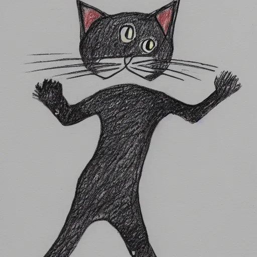 Prompt: a crayon child drawing of a cat dancing