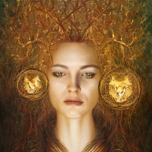 Prompt: a painting of a woman's face surrounded by trees, a detailed painting by Yoann Lossel, behance contest winner, fantasy art, behance hd, detailed painting, fractalism