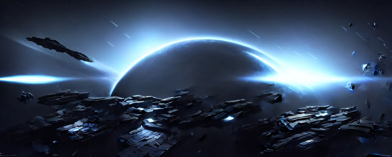 Image similar to dark space opera, epic beautiful space scifi, eve online, highly detailed, chiaroscuro, volumetric lighting, octane render, majestic, mysterious, double - exposure, light, tones of black in background, sublime, soft lighting, ray tracing global illumination, translucid luminescence, lumen reflections