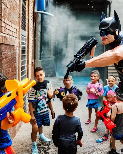 Prompt: happy batman firing super soaker water gun in an alleyway with a group of children having fun, toy product advertisement, photography