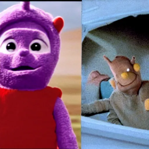 Image similar to movie still of harrison ford in teletubbies