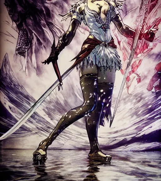 Prompt: a lady of the lake holding the legendary excalibur, soul calibur inspired, folklore, comic book art, by yoji shinkawa and takehiko inoue and kim jung gi, masterpiece, perfect