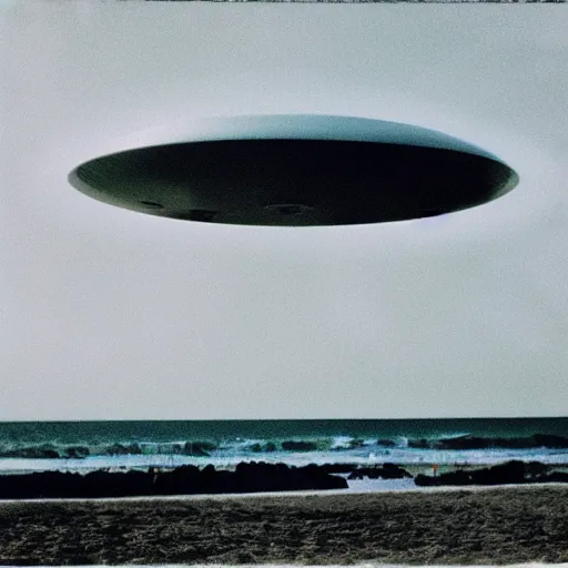 Image similar to “A wide shot of a UFO at the beach, dreamcore aesthetic, taken with a Pentax K1000, Expired Burned Film from 1930s, Softbox Lighting, 85mm Lens”