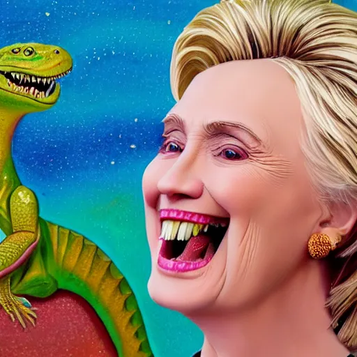 Prompt: president hilary clintonas a smiling laughing bright orange lizard person with bumpy dinosaur skin, airbrush painting, hyper detailed, 8 k, photorealism, rule of thirds, glitter.