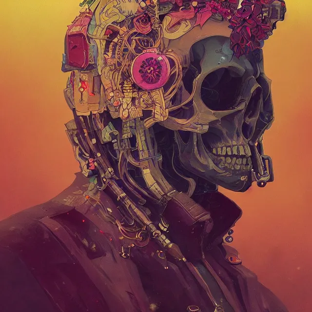 Prompt: a beautiful portrait painting of a ( ( cyberpunk ) ) skull by simon stalenhag and pascal blanche! and alphonse mucha! and nekro. in style of digital art. colorful comic, film noir, symmetry, hyper detailed. octane render. trending on artstation