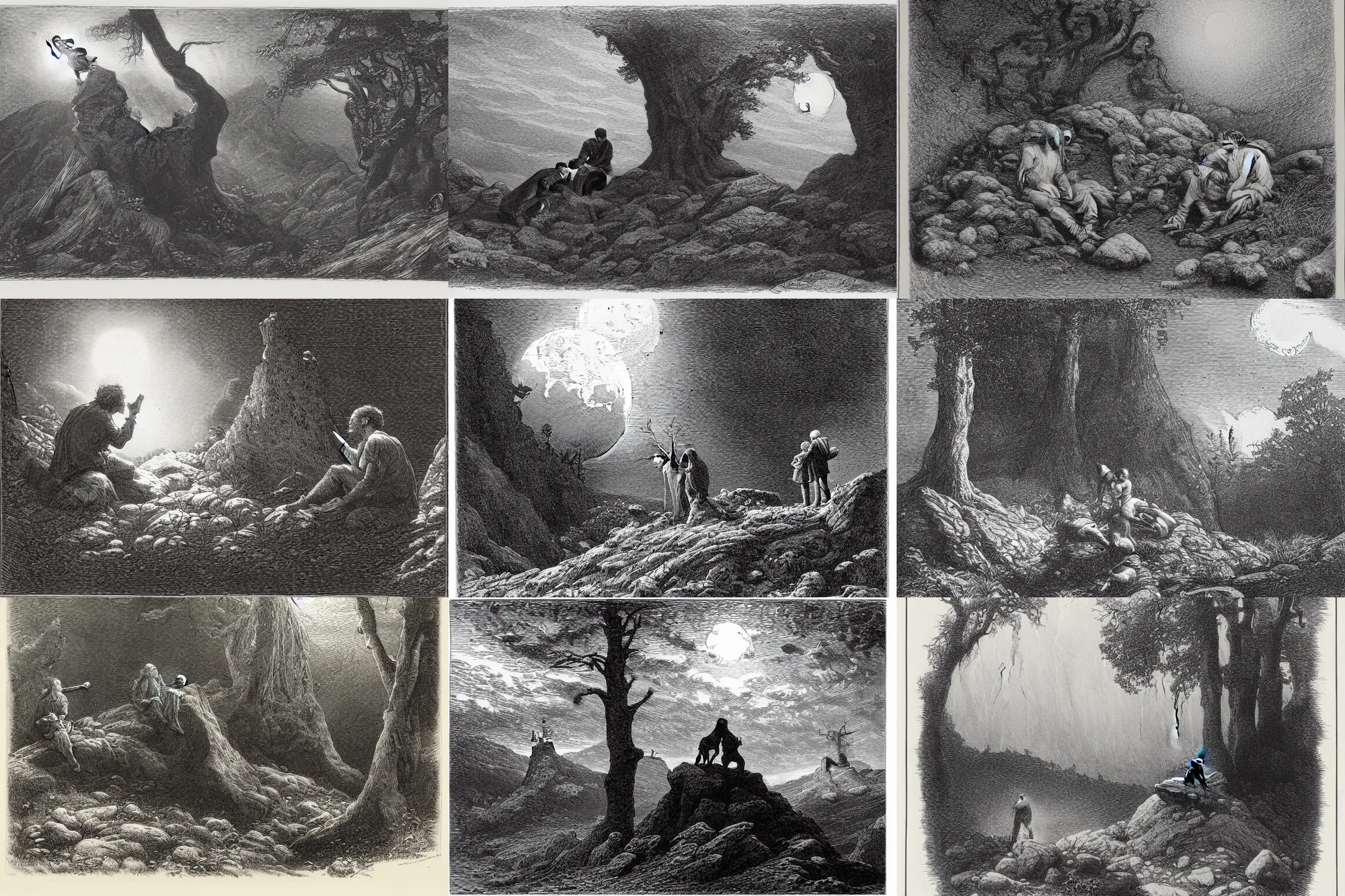 Image similar to an engraving of two men contemplating the moon on a rock in the forest by gustave dore, caspar david friedrich, ian miller, highly detailed, strong shadows, depth, lithograph engraving