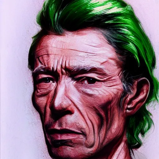 Prompt: peter otoole, hair green, face white, lips red, portrait, impressionistic, concept art