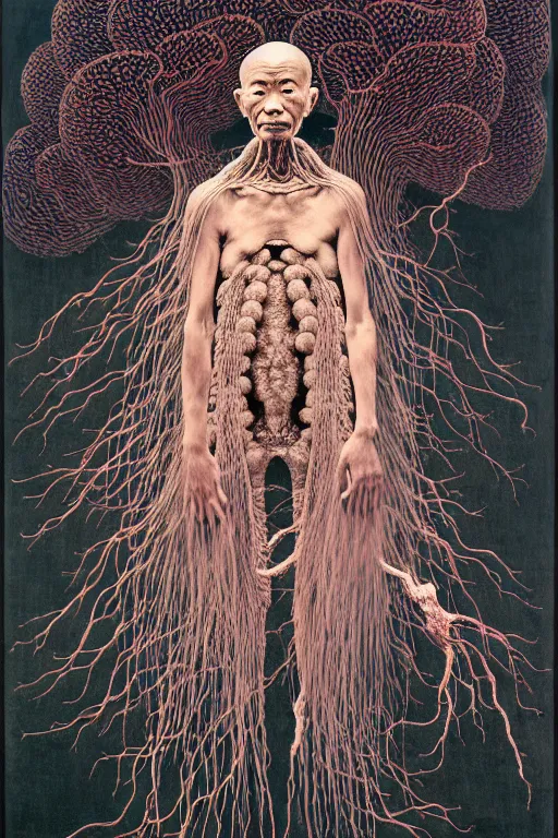 Image similar to ancient japanese monk, by kiki smith, by zdzisław beksinski, by wangechi mutu, full body, third - person, zoomed out, mycelium, mycena acicula, tremella - fuciformis, insanely detailed and intricate, hypermaximalist, elegant, ornate, hyper realistic