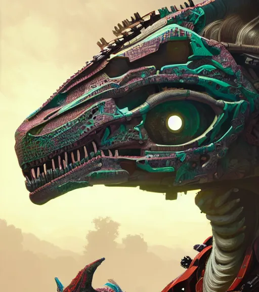 Image similar to symmetry!! portrait of a hybrid robot dinosaur, floral! horizon zero dawn machine, intricate, elegant, highly detailed, ray tracing, digital painting, artstation, concept art, smooth, sharp focus, illustration, art by artgerm and greg rutkowski and alphonse mucha, 8 k