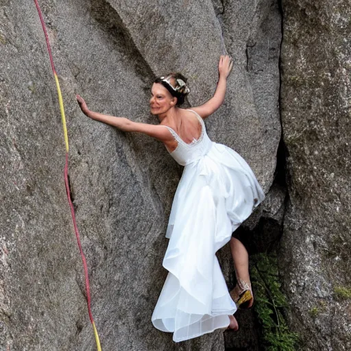 Prompt: Ultra realistic close-up of Frida Kahlos face wearing a wedding dress rock climbing a steep wall, hd