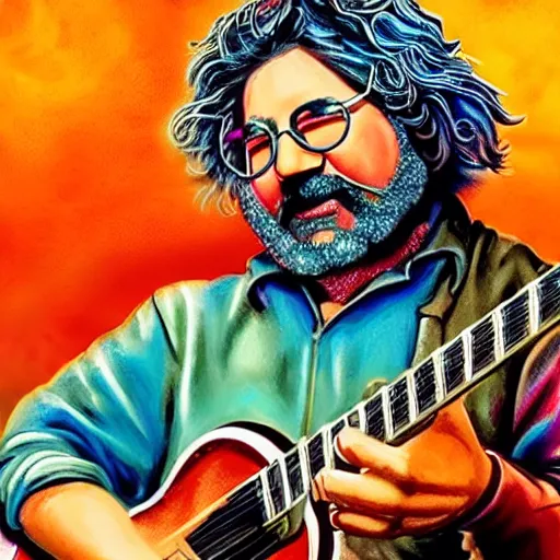 Prompt: hyper realistic jerry Garcia playing mandolin concept art psychedelic 4K cinematic lighting Smokey