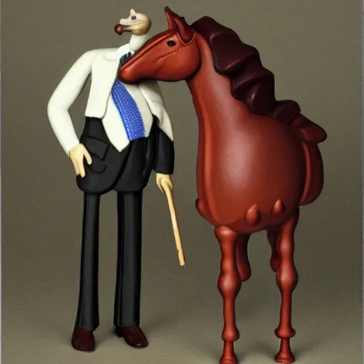 Image similar to an antropomorphic horse wearing a suit smoking a cigar