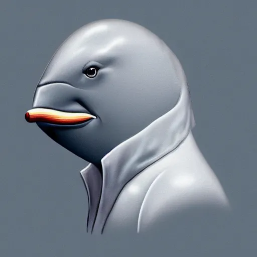 Image similar to An anthropomorphic grey dolphin wearing a white lab-coat, digital painting, close-up