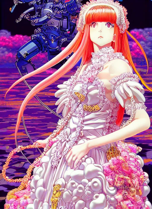 Image similar to highly detailed artstation vaporwave katsuhiro otomo fluorescent fantastic fate manga poster of princess mechine, minaba hideo,, long hair, armor, laces, ruffles, 8 k, maximalist, art nouveau,