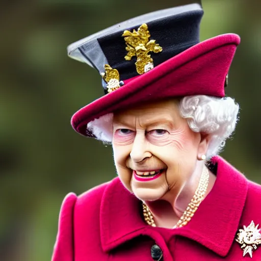 Image similar to Queen Elizabeth II wearing an army uniform while holding a rifle on a battlefield, highly detailed, high quality, HD, 4k, 8k, Canon 300mm, professional photographer, 40mp, lifelike, top-rated, award winning, realistic, sharp, no blur, edited, corrected, trending