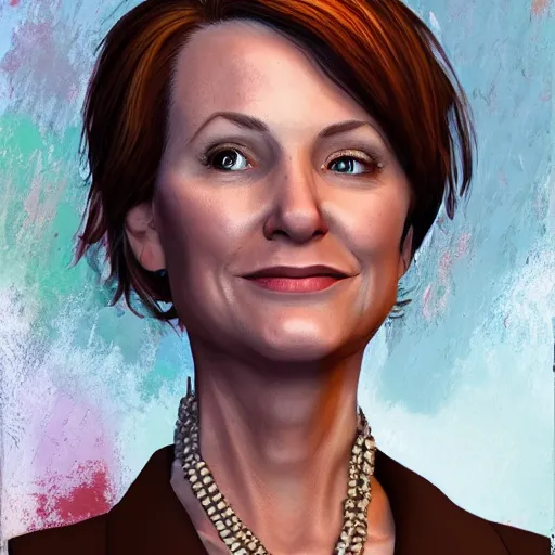 Image similar to maci holloway, first woman elected as president in usa, cold but beautiful, about 3 5 years old, highly detailed,, artstation hd, deviantart, by artgem