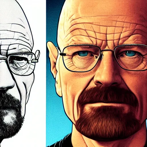 Prompt: walter white next to gus pringe, in the style of greg rutowski, hyper detailed