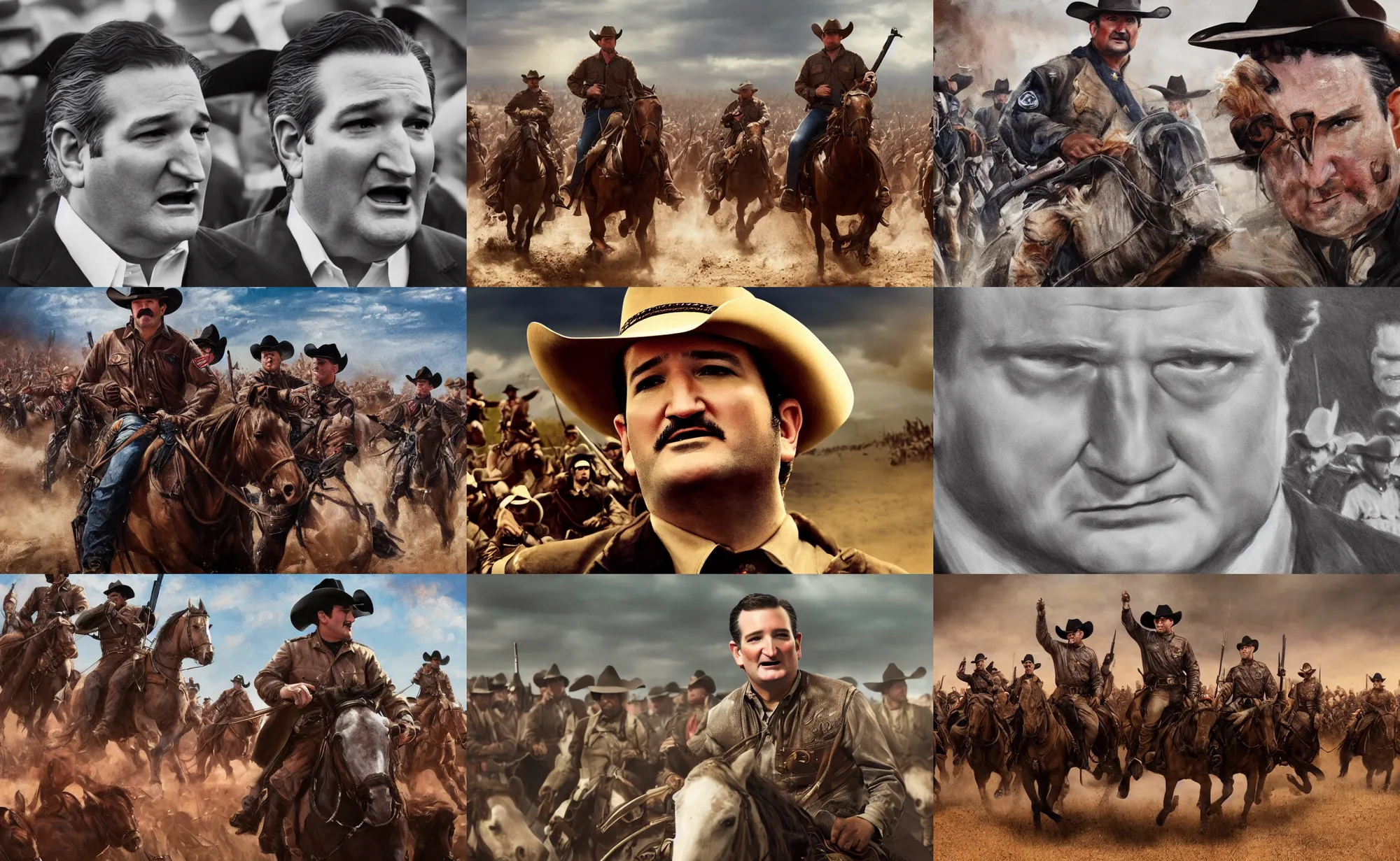 Prompt: cinematic close up artwork of ted cruz in a cowboy commanding an army of rough riders into battle by greg rutowski, 4 k, masterpiece
