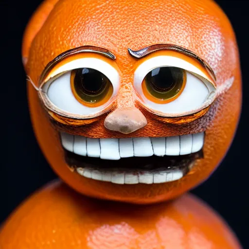 Image similar to a taxidermized annoying orange, in a museum, 8 5 mm lens, 7 0 mm entrance pupil diameter