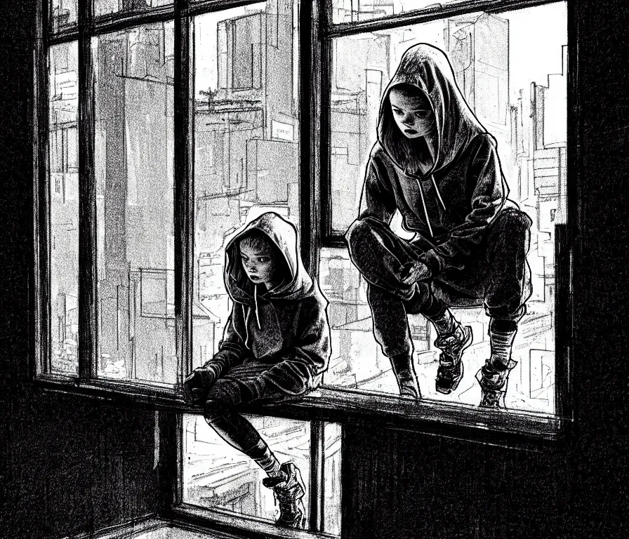 Image similar to sadie sink in hoodie, knees tucked in, sits on windowsill, | rain falls at night : b & w storyboard drawing, scifi cyberpunk. by gabriel hardman, joe alves, chris bonura. cinematic atmosphere, detailed and intricate, perfect anatomy